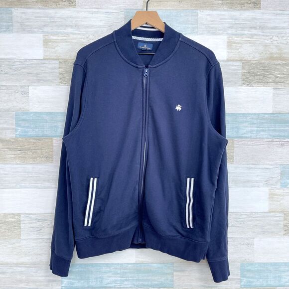 Brooks Brothers Full Zip Sweater Jacket Blue White Tipped Cotton Mens Large - Picture 1 of 7